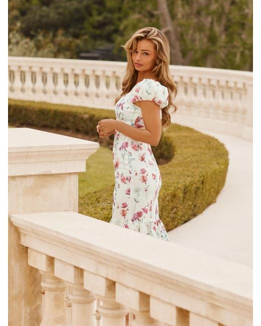 lipsy peplum dress Lipsy Floral Puff Sleeve V-Neck Peplum Hem Bodycon Midi Dress in Natural