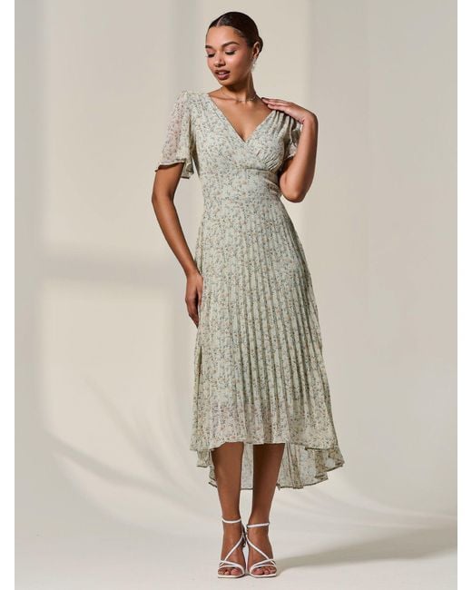 Jolie Moi Natural Floral Print Pleated Dip Hem Maxi Dress