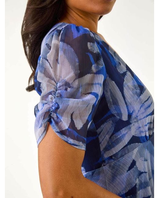 Roman Blue Abstract Painted Floral Print Hanky Hem Dress