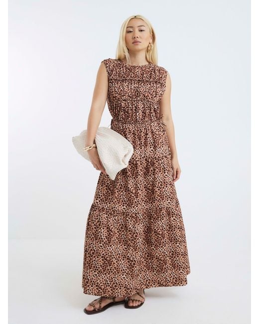 River Island Women's Brown Draw String Tiered Cotton Maxi Dress