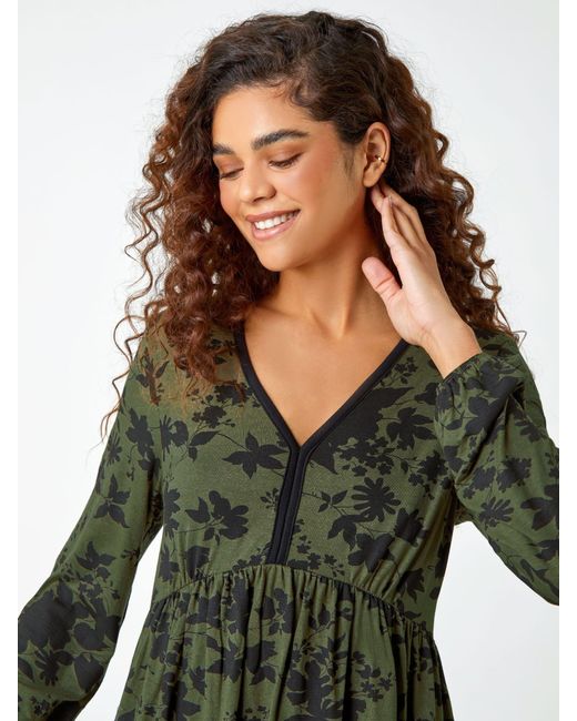 Roman Green Floral Contrast Trim Stretch Dress