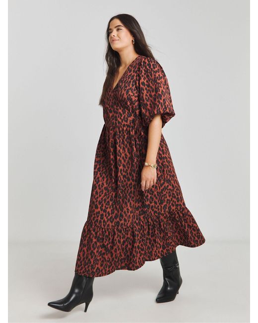 Simply Be Brown Puff Sleeve Woven Wrap Midi Dress
