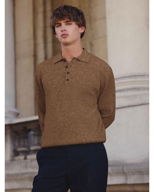 Next Brown Regular Fit Textured Long Sleeve Knit Polo Shirt With Wool for men
