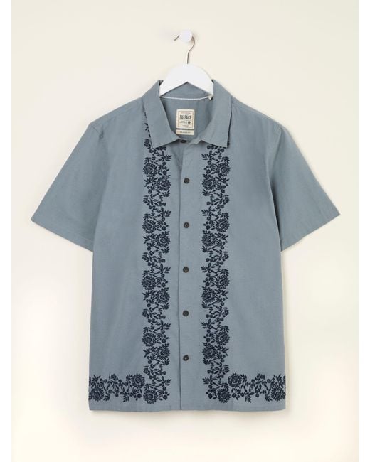 FatFace Blue Fatface Short Sleeve Embroidered Floral 100% Cotton Shirt for men