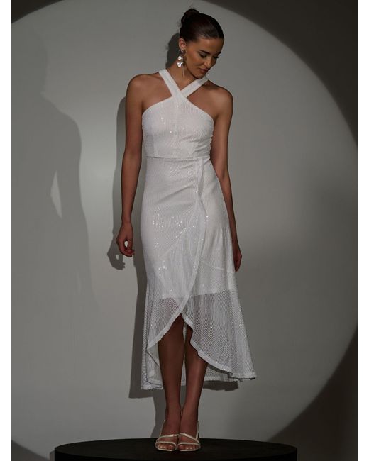 Jolie Moi Gray Sequin Cross Neck Frill Wrap Hem Maxi Dress