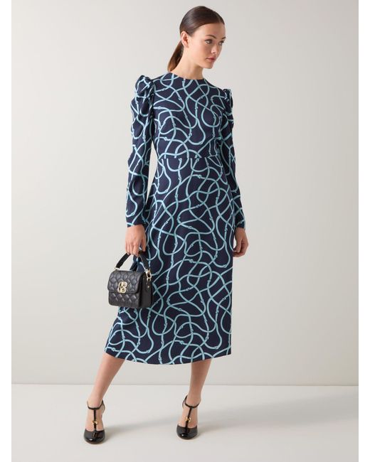 LK Bennett Women's Blue Rope Print Gathered Sleeve Dress