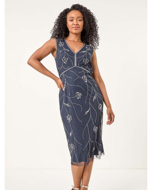 Roman Blue Petite Embellished V-Neck Midi Dress