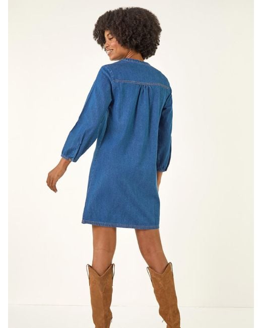 Roman Blue Cotton Denim Button Shift Dress
