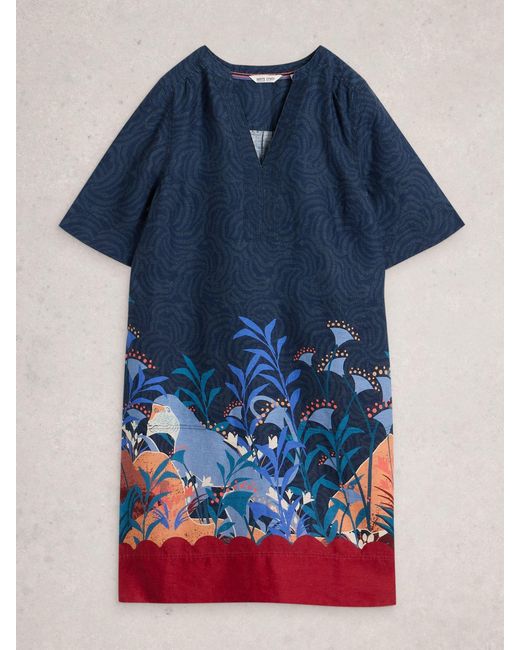 chinese dress ladies White Stuff Dress Otto Linen Blend Blue Print 442725 4B739F – Shirley Allum  Boutique main image 0