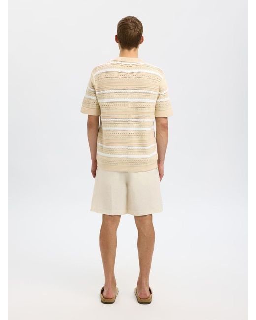 SELECTED Natural Crochet Button Through Polo Top for men