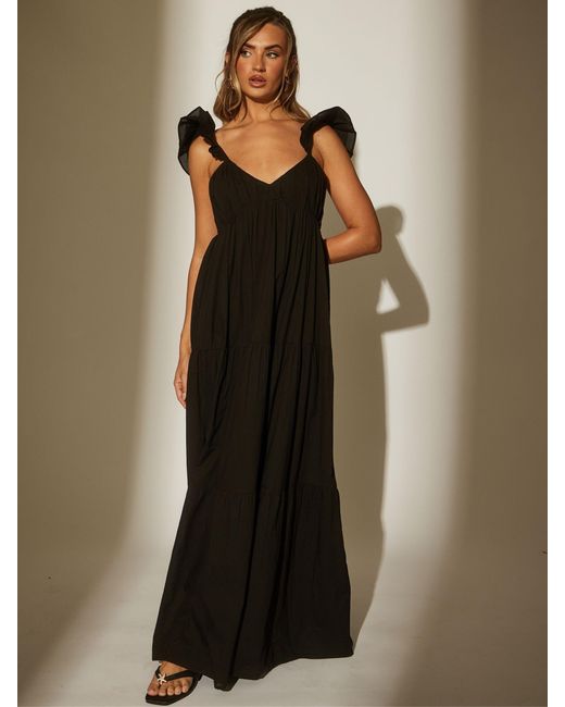 South Beach Black 100% Cotton Frill Sleeve Tiered Maxi Dress