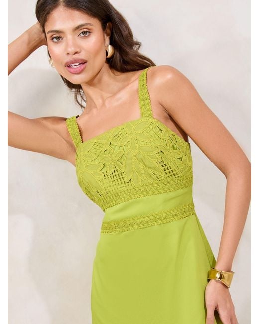 Lipsy Women's Green Premium Lace Insert Dropped Hem Fit And Flare Midi Dress