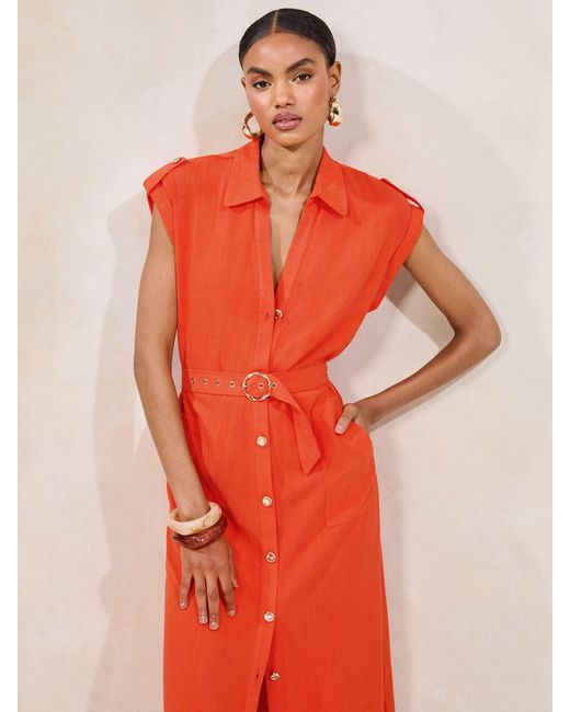 Lipsy Orange Short Sleeve Linen Look Button Down Midi Shirt Dress