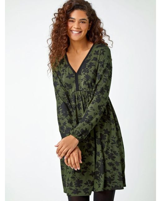 Roman Green Floral Contrast Trim Stretch Dress