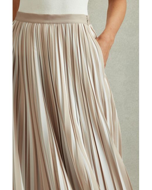 Reiss Natural Lexie - Neutral Striped Pleated Midi Skirt