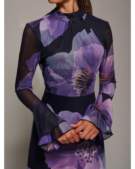 Jolie Moi Purple Ruffle Long Sleeve Mesh Maxi Dress