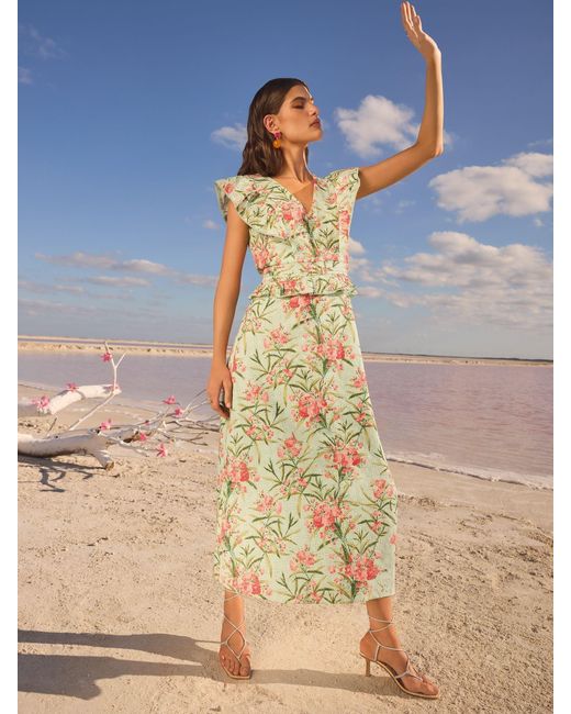 Love & Roses Blue V & A I Printed Broderie Peplum Ruffle Short Sleeve Midi Dress