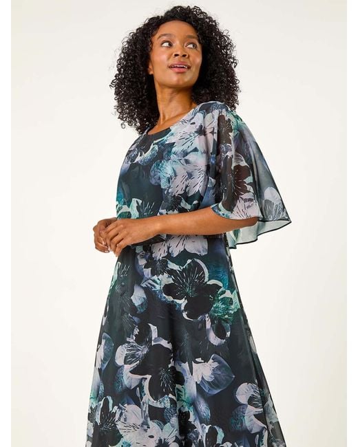 Roman Black Petite Abstract Floral Print Cape Dress