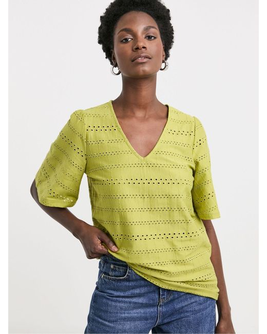 JD Williams Yellow Angel Sleeve V-Neck Broderie 100% Cotton Top