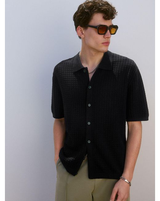 Next Black Relaxed Fit 100% Cotton Short Sleeve Textured Knit Button-Through Polo Shirt for men