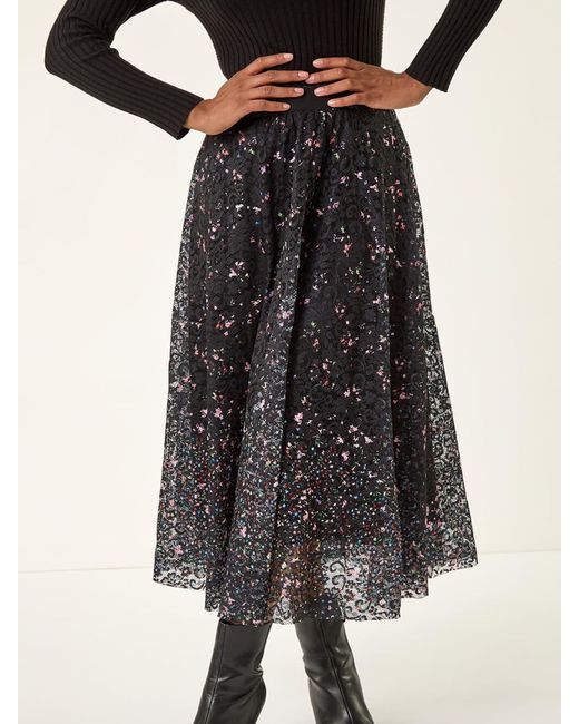 Roman Black Printed Lace Overlay Skirt