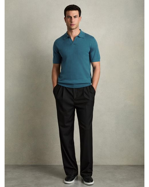 Reiss Duchie - Deep Teal Blue Merino Wool Open-collar Polo Shirt, Xs for men
