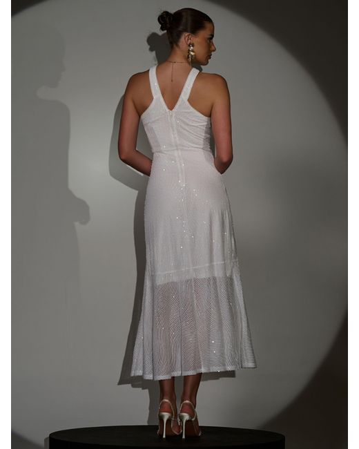 Jolie Moi Gray Sequin Cross Neck Frill Wrap Hem Maxi Dress