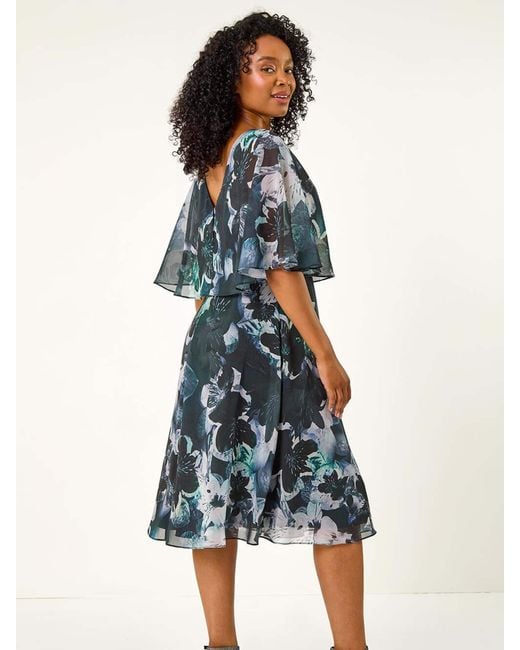 Roman Black Petite Abstract Floral Print Cape Dress