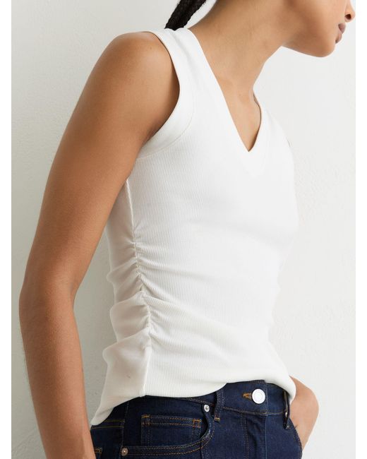 Reiss White Stretch-Cotton Rib Ruched V-Neck Vest