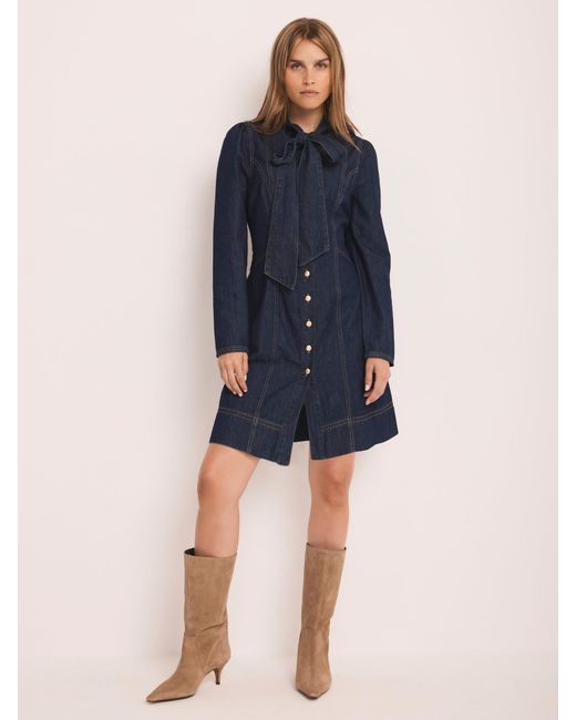 Mint Velvet Blue Denim Pussy Bow Mini Dress