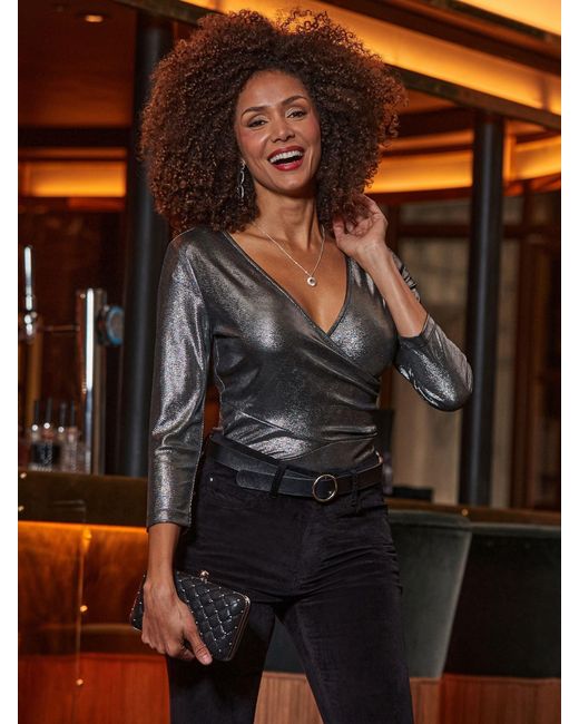 Sosandar Metallic Petite Wrap Top