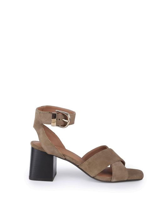 OFF THE HOOK Brown Ruby Suede Leather Heeled Sandals With Crossover Front Strap