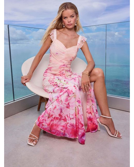 Lipsy Pink Petite Floral Printed Frill Sleeve Maxi Dress