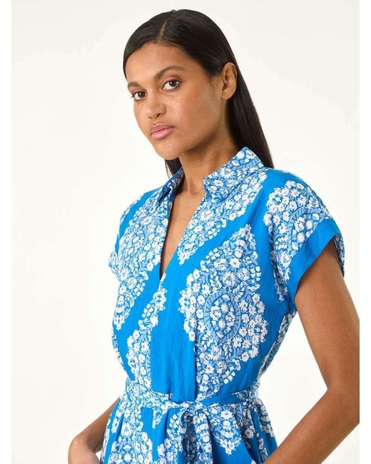 Roman Blue Geometric Print Belted Shirt Midi Dress