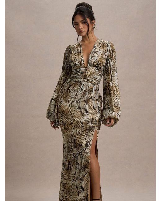 Club L London Natural Casarile V-Neck Balloon Sleeve Maxi Dress