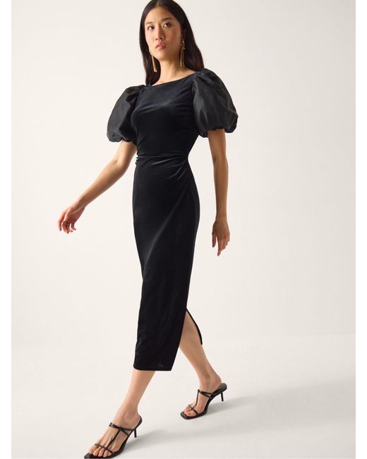 Monsoon Black Sadie Puff Sleeve Velvet Midi Dress