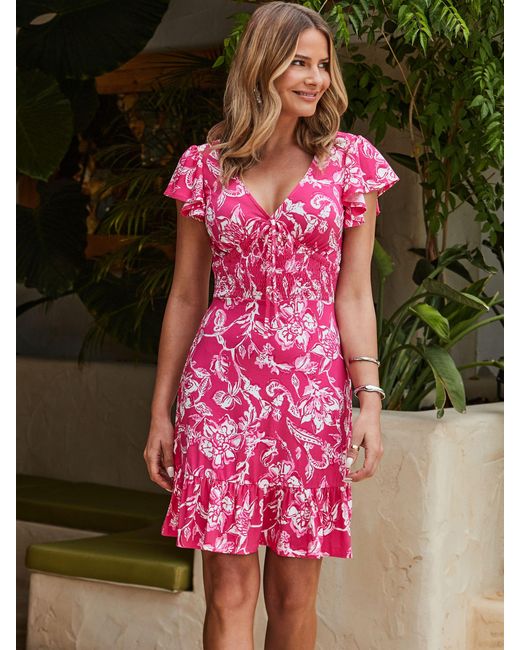 Sosandar Pink Floral Print Fluted Hem Dress