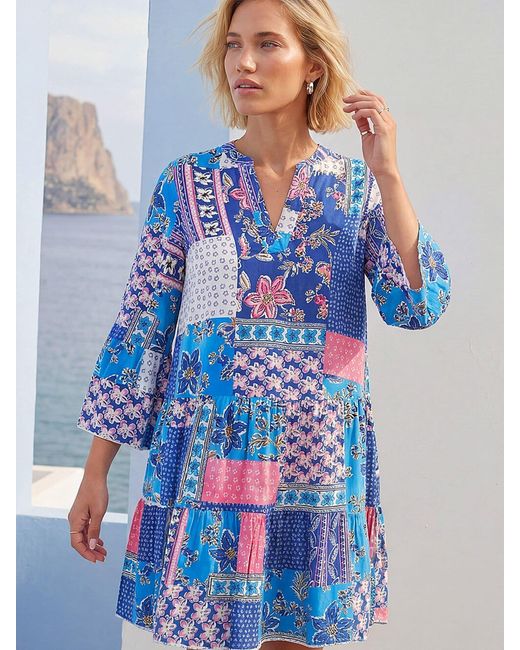 Roman Blue Patchwork Print Swing Dress