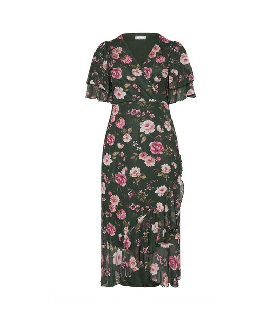 Yours Curve Green London Wrap Ruffle Mesh Dress