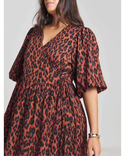 Simply Be Brown Puff Sleeve Woven Wrap Midi Dress