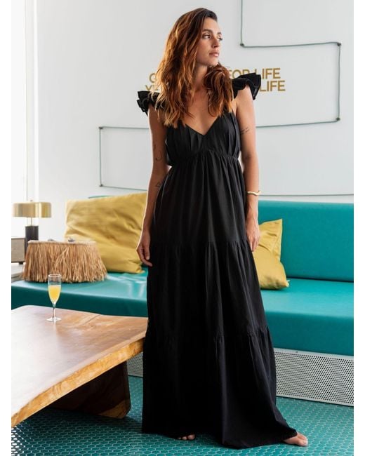 South Beach Black 100% Cotton Frill Sleeve Tiered Maxi Dress
