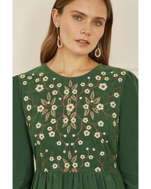 Yumi' Green Long Sleeve 100% Cotton Midi Dress With Floral Print Embroidery Bodice