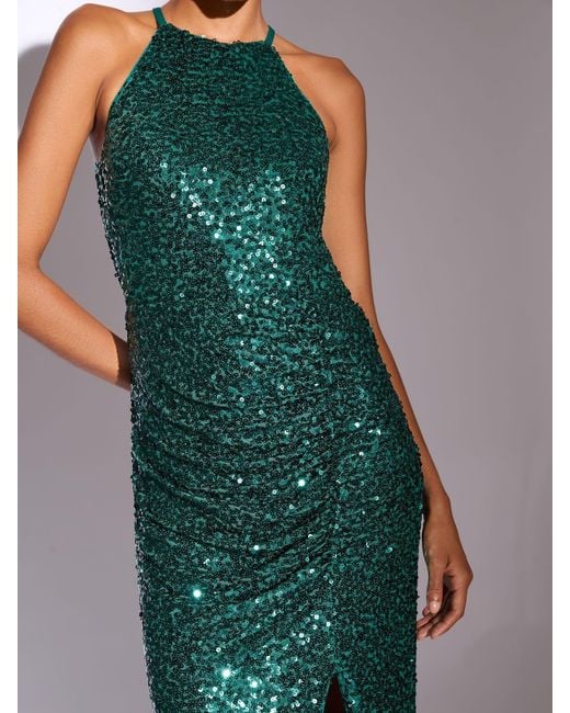 Lipsy Multicolor Sequin Halter Ruched Maxi Dress