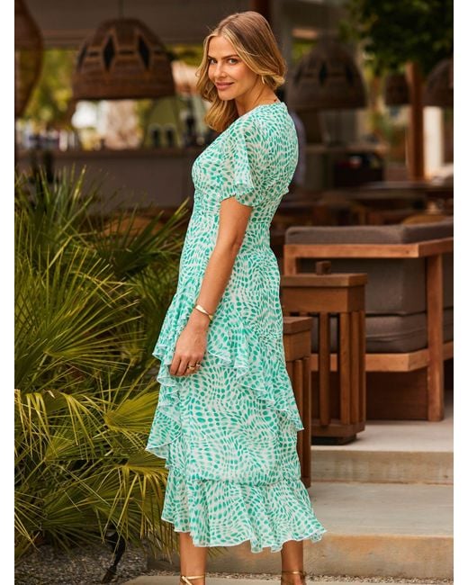 Sosandar Green Petite Abstract Print Layered Hem Angel Sleeve Maxi Dress