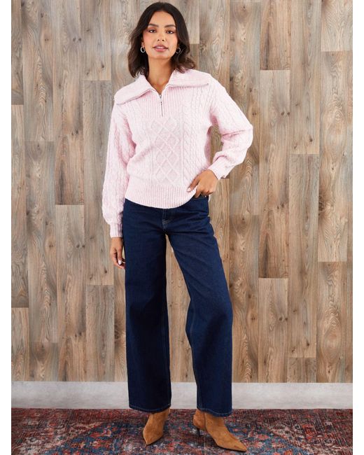 Threadbare Pink Cable Knit Quarter Zip Jumper