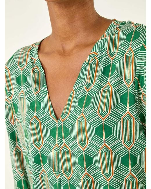 Roman Green Geometric Print Stretch T-Shirt
