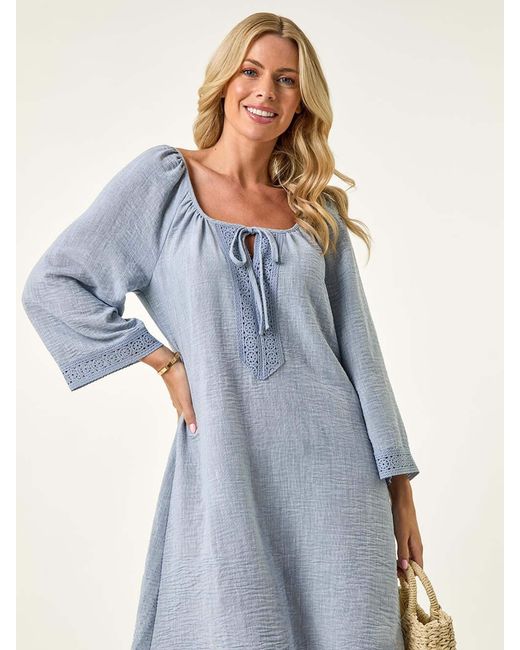 Roman Womens Blue Petite Lace Trim Dress casual dresses