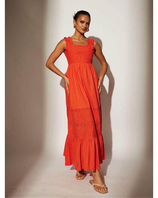 South Beach Red Palm Broderie Tie Back 100% Cotton Maxi Dress