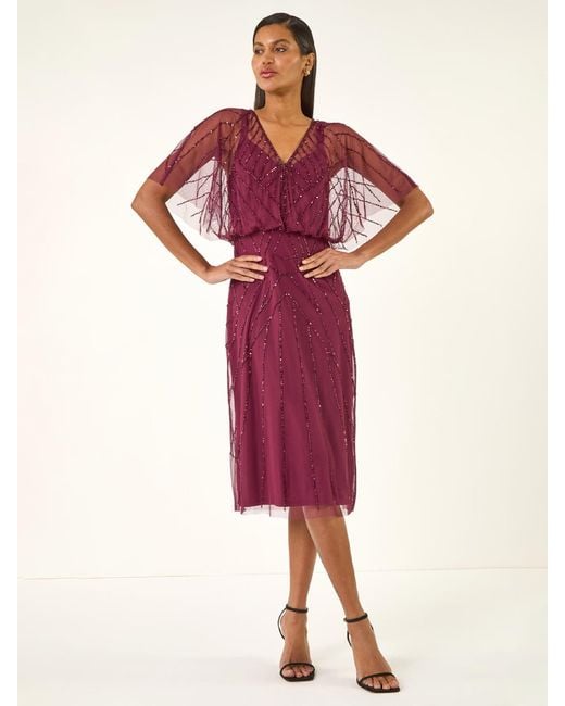 Roman Purple Beaded V-Neck Midi Dress