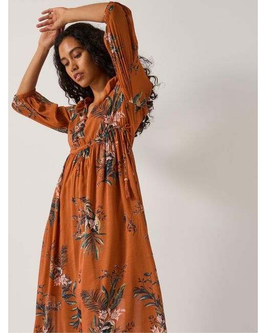 Monsoon Georgie Botanical Print Midi Dress in Brown | Lyst